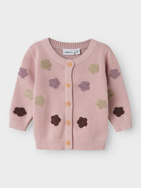 Flauschige Strickweste mit aufgenähten Blumenmotiven und Knöpfen vorn aus bio-baumwolle - Vorderansicht