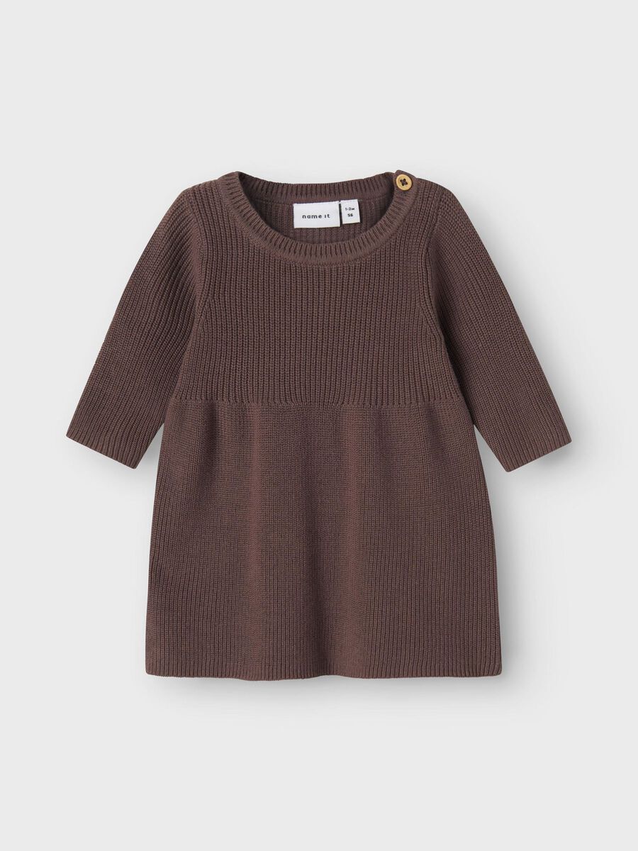 braunes bequemes langarmkleid für babys kinder und kleinkinder von name it und einem knopf an der schulter - vorderansicht