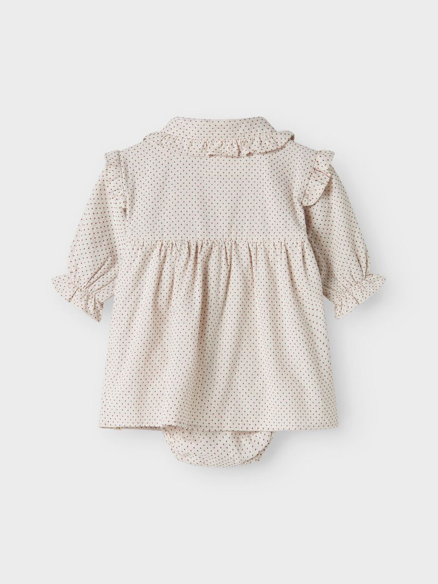 Gepunktetes Bodykleid mit Einsatz von Lil' Atelier drei Knöpfen und einem Kragen aus bio-baumwolle- Rückansicht