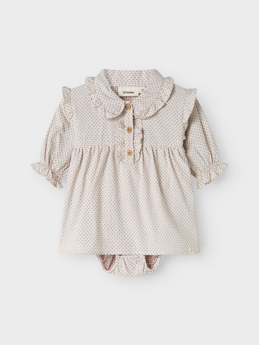 Gepunktetes Bodykleid mit Einsatz von Lil' Atelier drei Knöpfen und einem Kragen aus bio-baumwolle- Vorderansicht