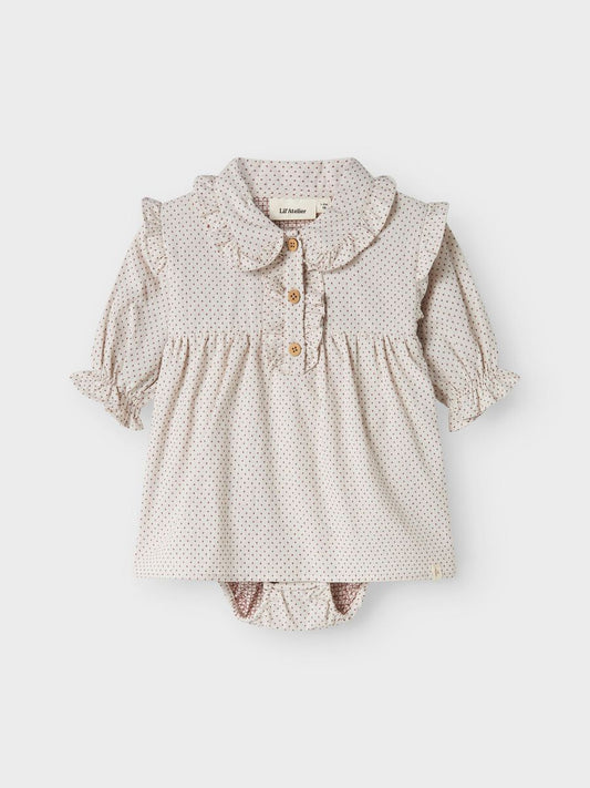 Gepunktetes Bodykleid mit Einsatz von Lil' Atelier drei Knöpfen und einem Kragen aus bio-baumwolle- Vorderansicht