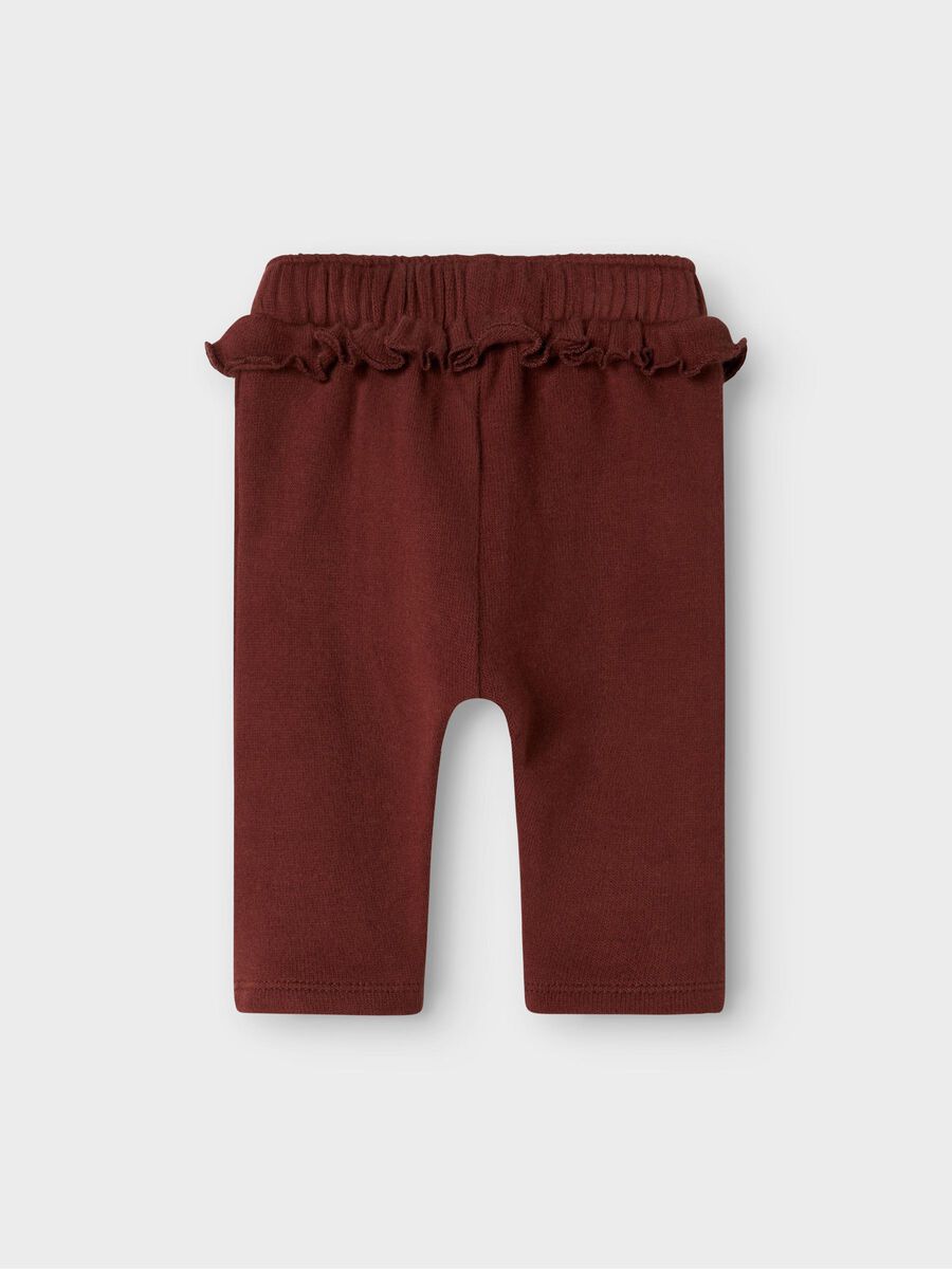 rotbraune stoffhose für babys und kleinkinder mit rüschenbund von lil atelier aus bio baumwolle - rückansicht