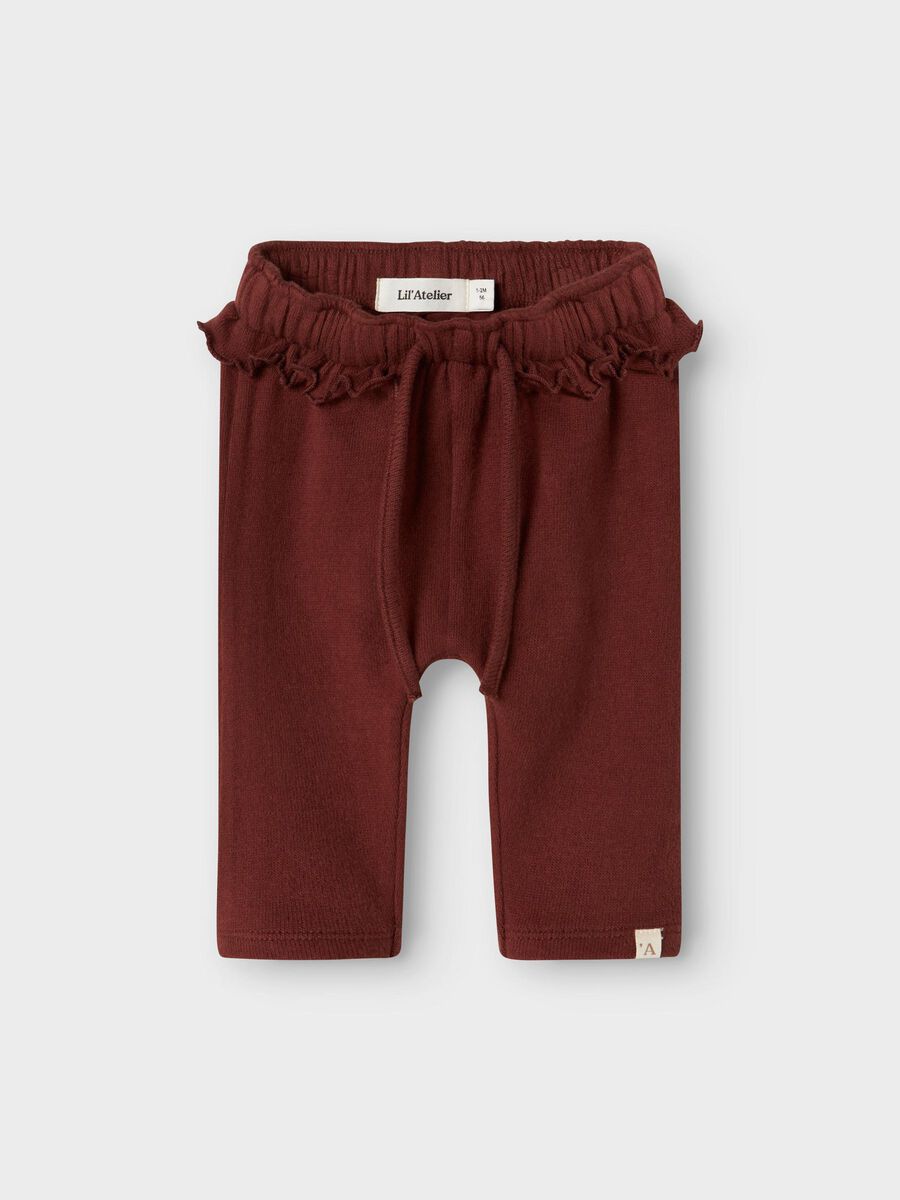 rotbraune stoffhose für babys und kleinkinder mit rüschenbund von lil atelier aus bio baumwolle - vorderansicht