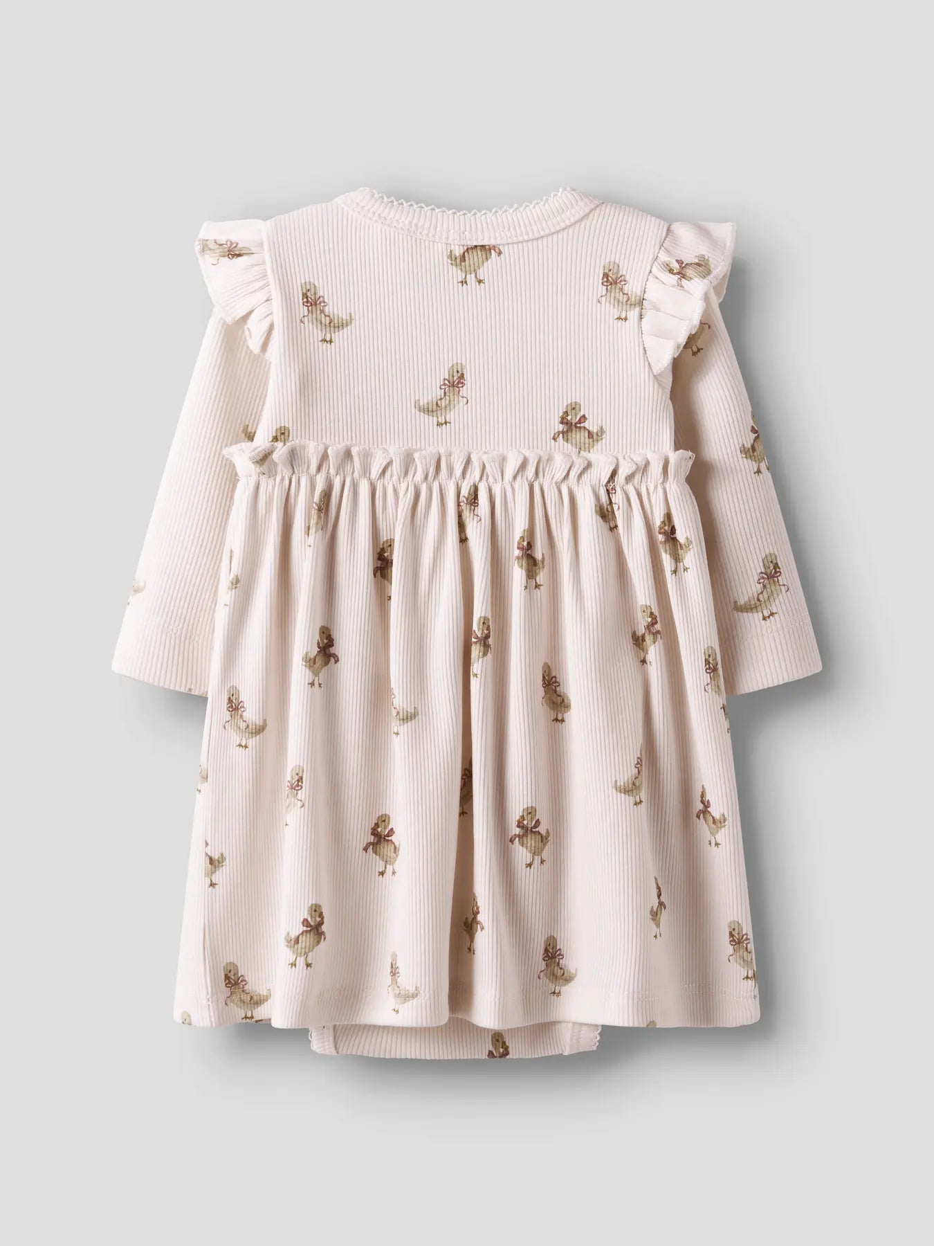 langarmkleid aus bio baumwolle und lyocell mit kükenmotiven und bodyeinsatz von Lil' atelier - rückansicht