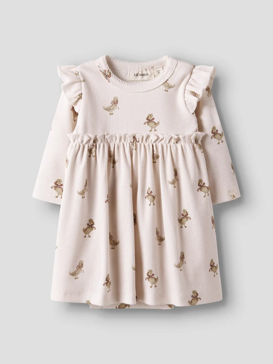 langarmkleid aus bio baumwolle und lyocell mit kükenmotiven und bodyeinsatz von Lil' atelier - vorderansicht