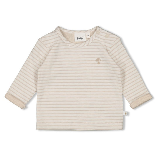 gestreiftes beiges langarmshirt mit kleinem pilzmotiv und zwei druckknöpfen an der schulter aus baumwolle von feetje - vorderansicht