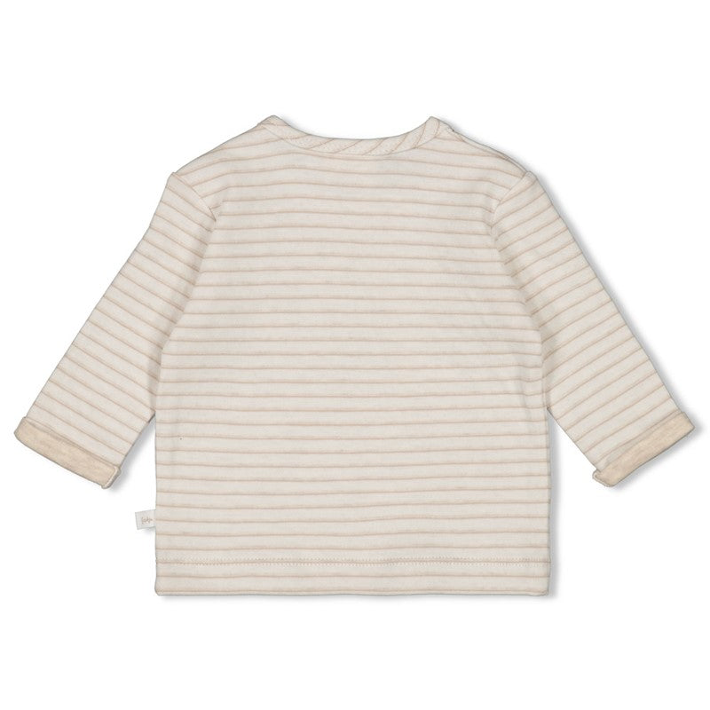 gestreiftes beiges langarmshirt mit kleinem pilzmotiv und zwei druckknöpfen an der schulter aus baumwolle von feetje - rückansicht