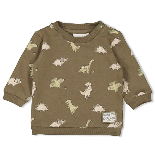 Grünes Sweatshirt mit Dinomotiven von Feetje zwei Druckknöpfen an der linken Schulter zum besseren anziehen - Vorderansicht