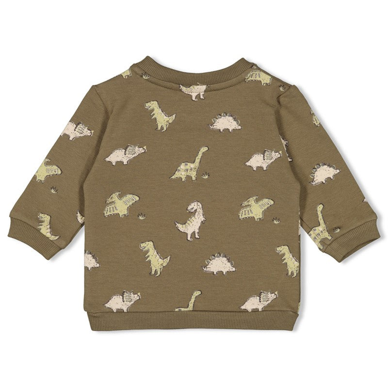 Grünes Sweatshirt mit Dinomotiven von Feetje zwei Druckknöpfen an der linken Schulter zum besseren anziehen - rückansicht