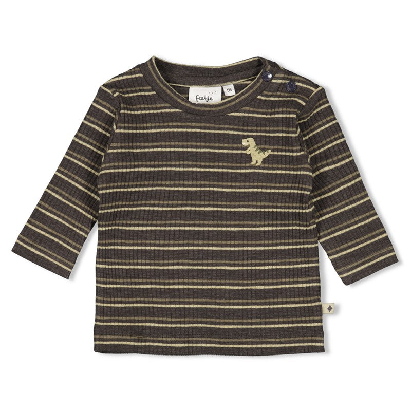 Gestreiftes braunes Longsleeve mit Dinomotiv und zwei Druckknöpfen an der linken Schulter von Feetje - Vorderansicht