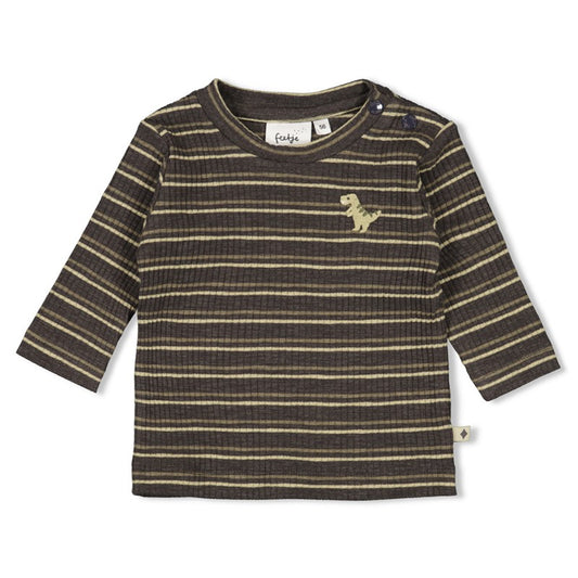 Gestreiftes braunes Longsleeve mit Dinomotiv und zwei Druckknöpfen an der linken Schulter von Feetje - Vorderansicht