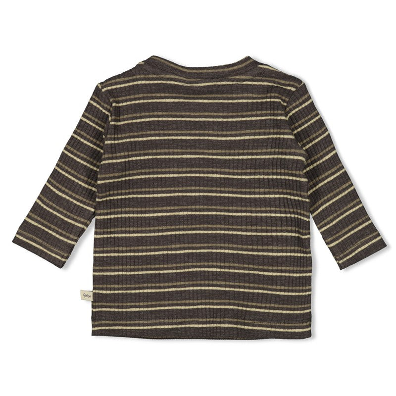 Gestreiftes braunes Longsleeve mit Dinomotiv und zwei Druckknöpfen an der linken Schulter von Feetje - rückansicht