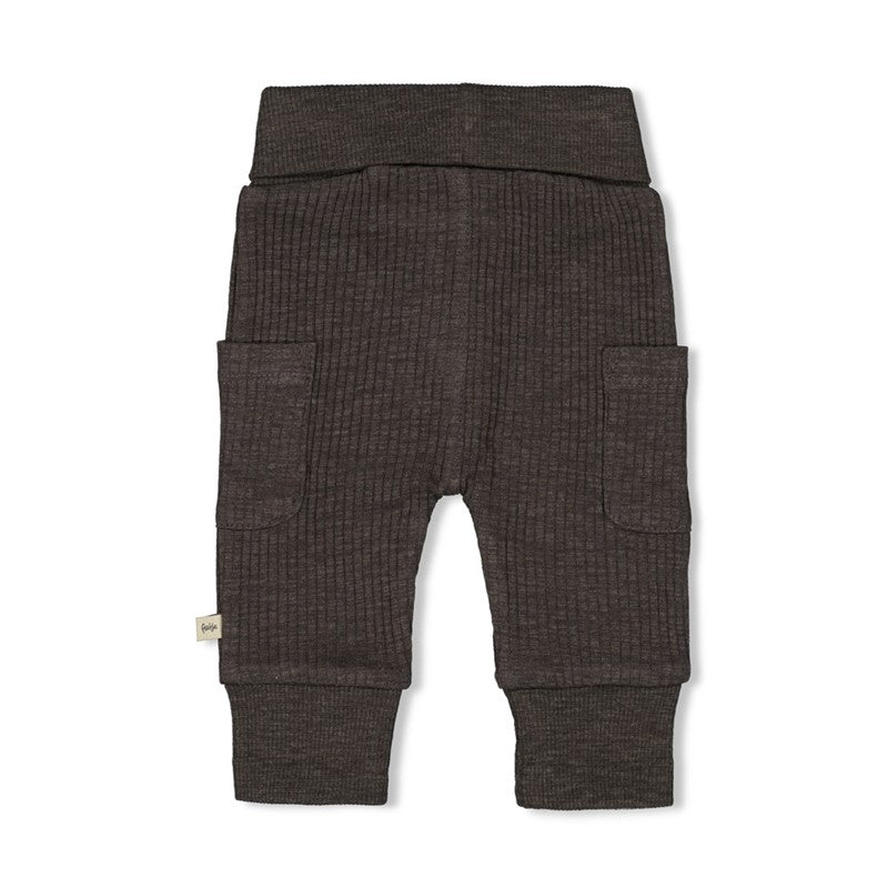 anthrazitfarbene gerippte stoffhose aus baumwolle für babys und kinder mit zwei hosentaschen und umschlagbaren hosenbund - rückansicht