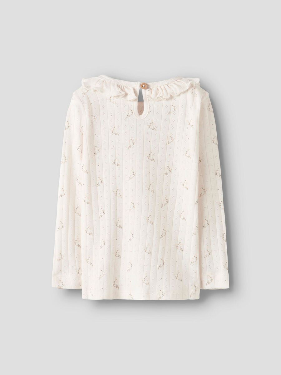 Weißes Langarmshirt mit Rüschenkragen und einem Knopf am Rücken aus 50% Bio-Baumwolle, 50% TENCEL™ Modal von Lil' Atelier - Rückansicht