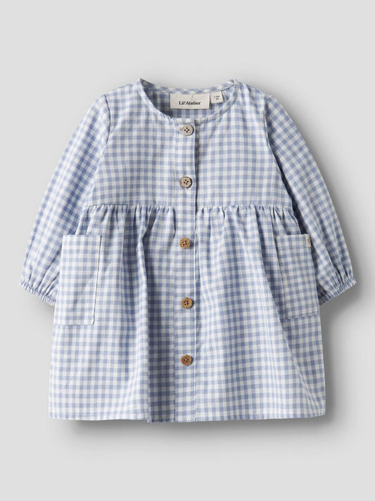 Lil' Atelier Bio-Baumwollkleid in Zen Blue - Body mit Kleid, Grandad-Kragen und Seitentaschen für Babys