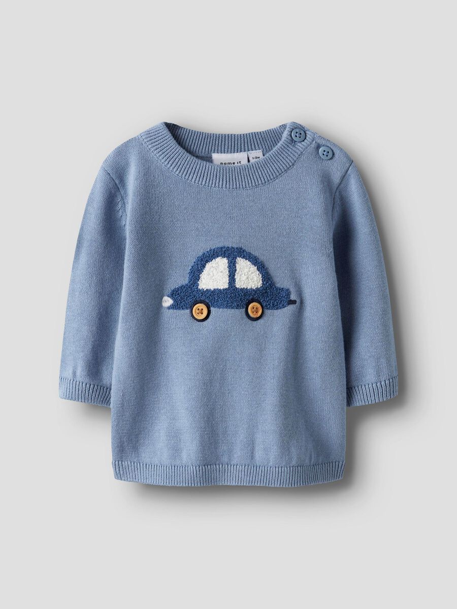 Blauer dünner Strickpullover mit Automotiv aus 100% Bio-Baumwolle von Name It - Vorderansicht