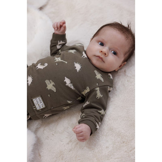 Grünes Sweatshirt mit Dinomotiven von Feetje zwei Druckknöpfen an der linken Schulter zum besseren anziehen - modellansicht