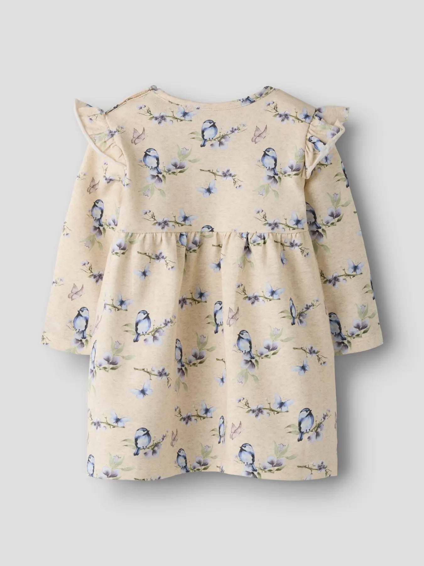 Weißes Langarmkleid aus Bio-Baumwolle und Elasthan mit Spatzenmotiven für Babys und Kleinkinder in den Größen 68,74,80 und 86 von Name It - Rückansicht